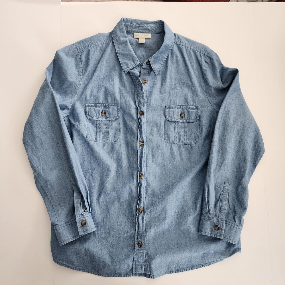 L Appleseed's blue denim long sleeve button up blouse, 100% cotton